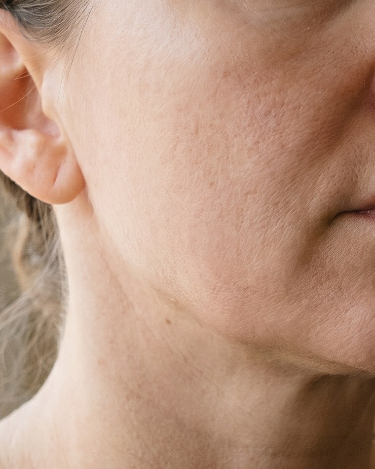 Dolna część twarzy po zabiegu — wyraźniejsza, napięta linia żuchwy