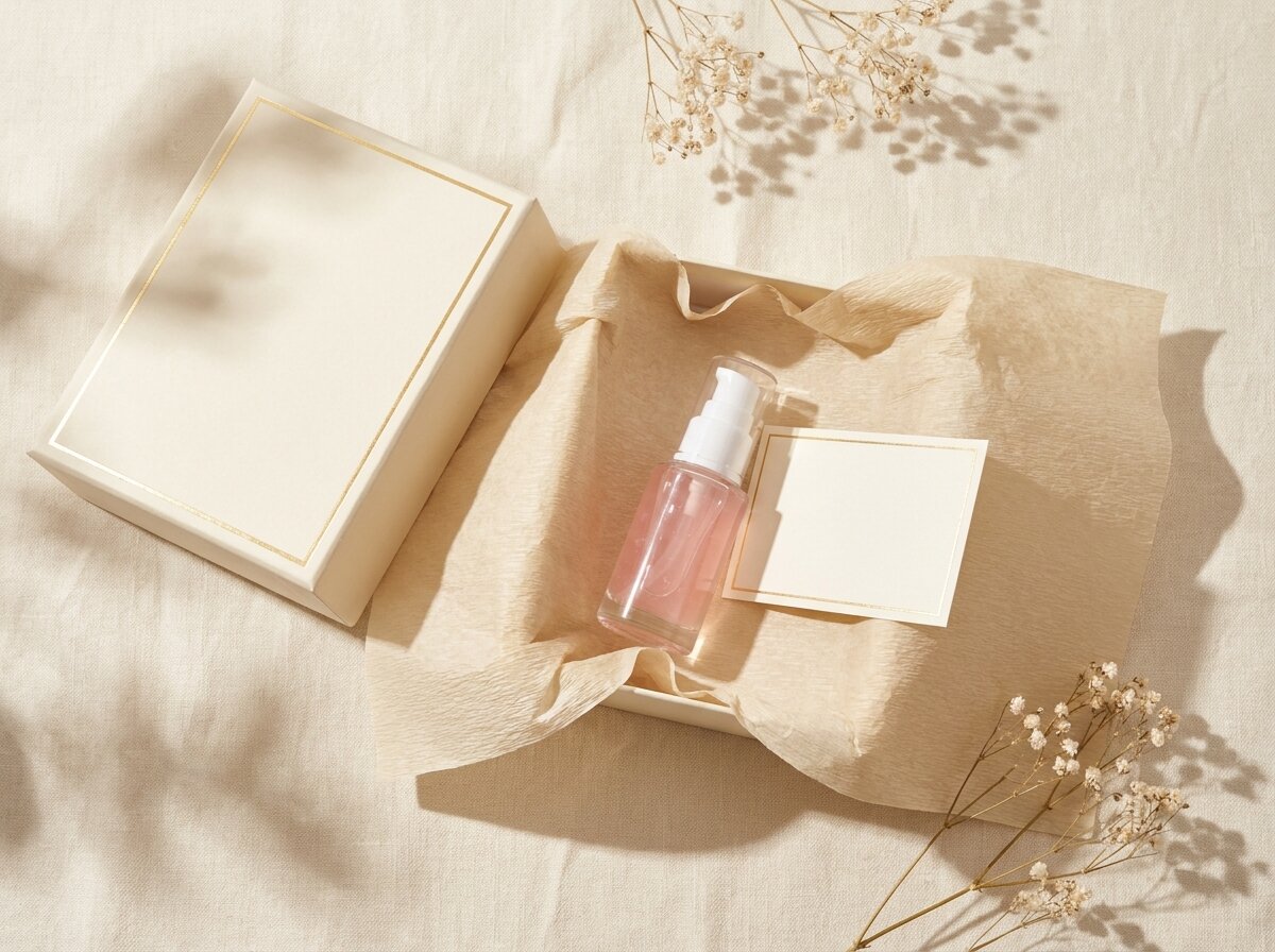 Zawartość przesyłki Éclat Elixir — szklana butelka z pompką w eleganckim pudełku z bibułą