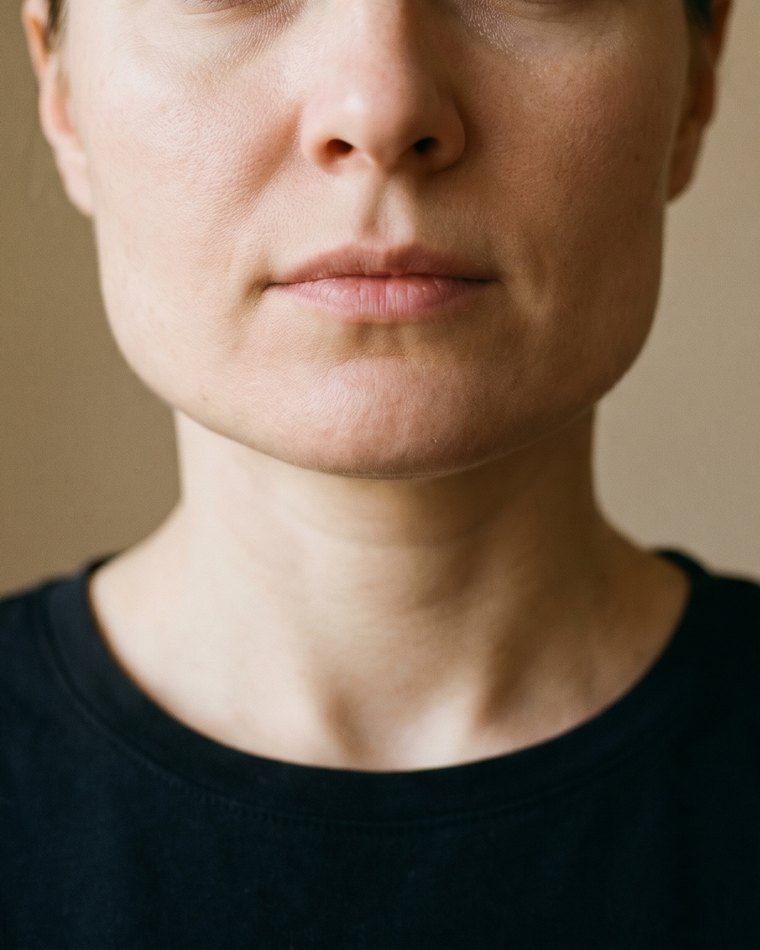Dolna twarz przed — przerośnięte żwacze, szeroki owal
